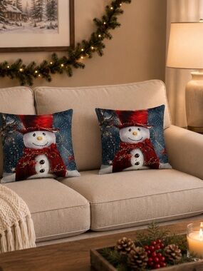 COPY - 2 Cushion Covers Beautiful Snowmen Red Hat and Scarf 17" x 17" NO Pillows
